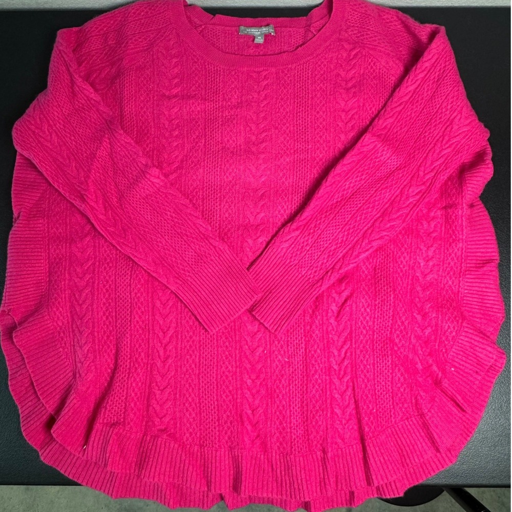Neiman Marcus Cashmere Hot Pink Cable Knit Ruffle Hem Sweater XL